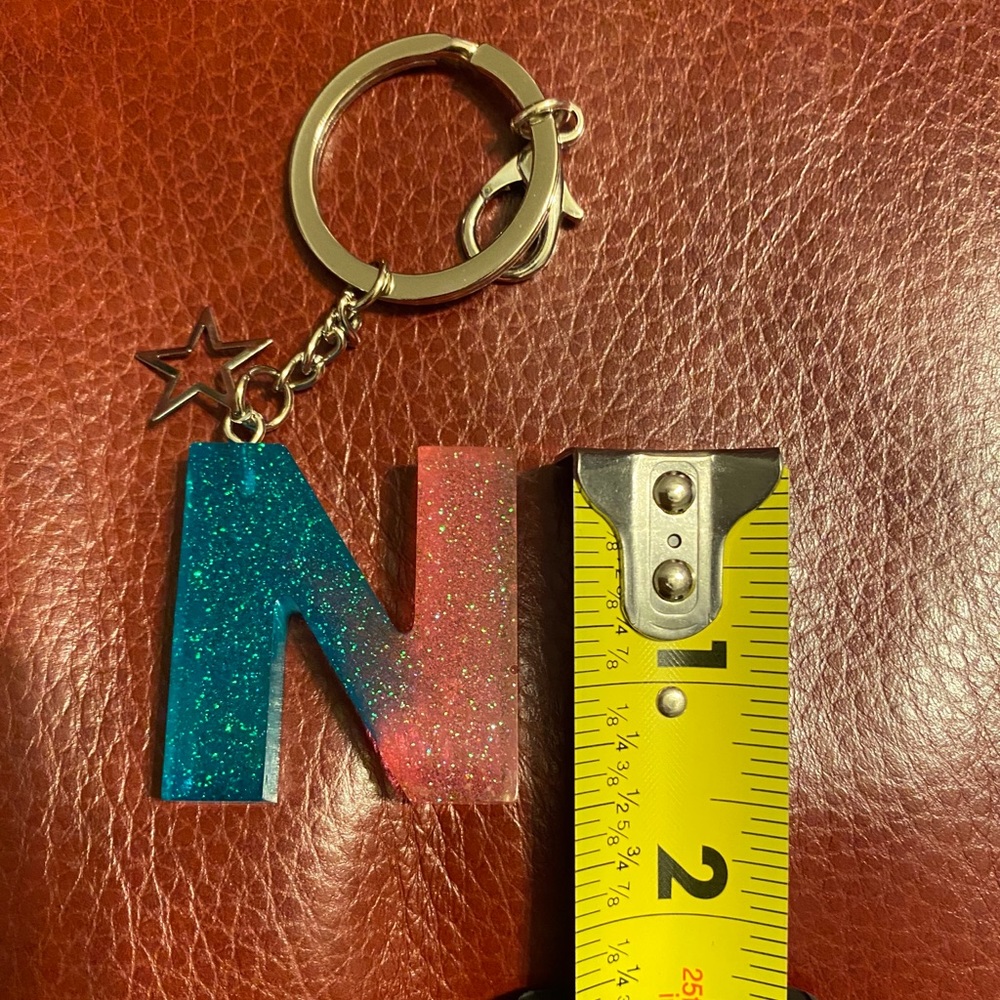 Cute resin letter N sparkly pink &  blue keychain